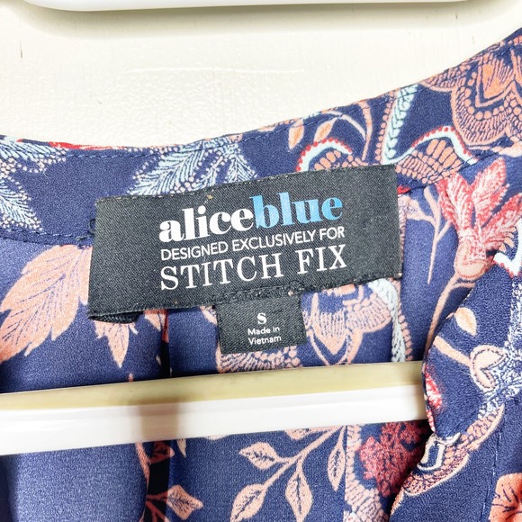 Alice Blue Stitch Fix Simona Henley Blouse Sleeveless Blue Floral Top Size Small - Picture 5 of 6